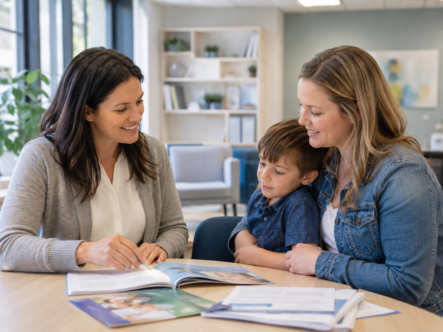 Guidance session between a family support professional, parent, and child